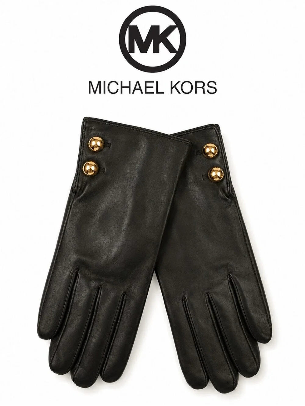 Michael Kors Collection (Retail) Genuine Black Leather Gloves Gold Button Detail